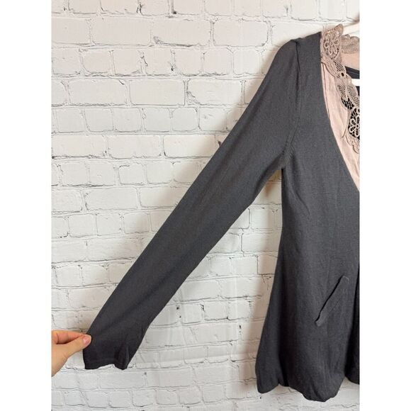 KNITTED & KNOTTED gray purple wool blend knit lace V-neck sweater cardigan 8 - Picture 6 of 12